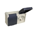 Розетка ОУ двойная c/з, 16А, IP54, с крышкой серо-черная