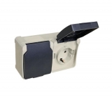 Розетка ОУ двойная c/з, 16А, IP54, с крышкой серо-черная