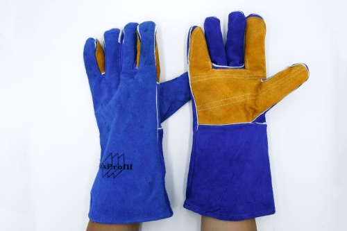 Краги спилковые пятипалые на подкладке длинные, синие