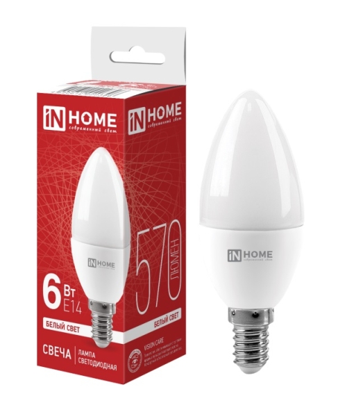 Лампа светодиодная свеча С37 Е14 6W 4000К (in Home)