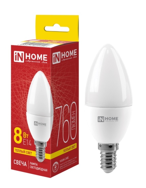Лампа светодиодная свеча С37 Е14 8W 3000К (in Home)