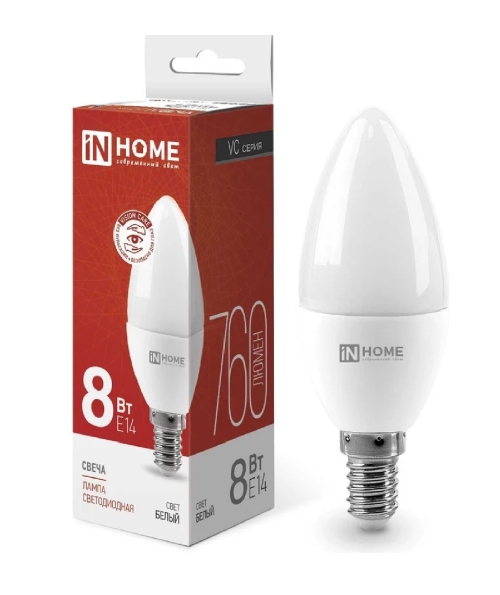 Лампа светодиодная свеча С37 Е14 8W 4000К (in Home)