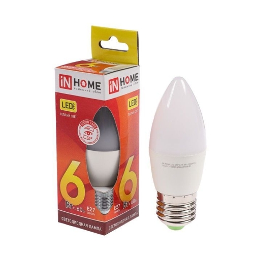 Лампа светодиодная свеча С37 Е27 6W 3000К (in Home)*