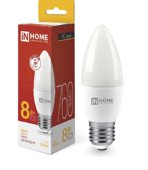 Лампа светодиодная свеча С37 Е27 8W 3000К (in Home)*