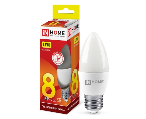 Лампа светодиодная свеча С37 Е27 8W 3000К (in Home)*