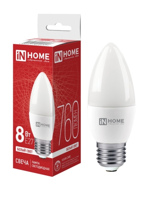 Лампа светодиодная свеча С37 Е27 8W 4000К (in Home)