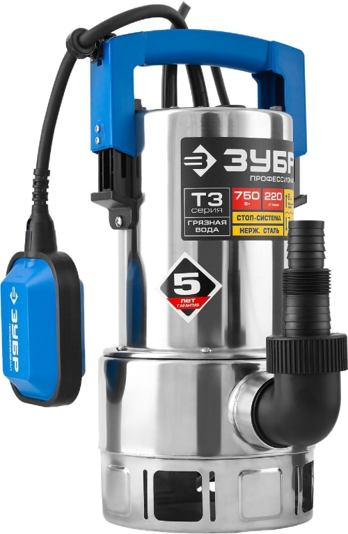 ЗУБР Профессионал НПГ-Т3-750-С, дренажный насос для грязной воды, корпус - нерж. сталь, 750 Вт