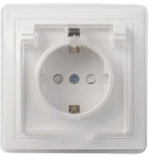 Розетка СУ одинарная 16А IP44 с заземл. защ. шторки с крышкой керамика белый