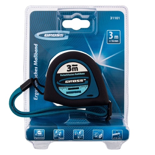 Рулетка "Ergonomisch" 3м/16мм, магнитный обрезиненный зацеп Gross
