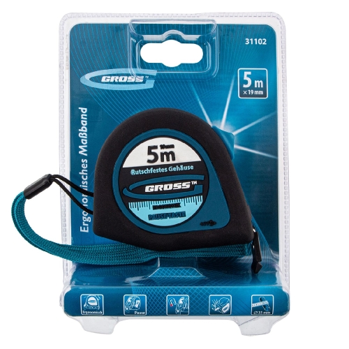 Рулетка "Ergonomisch" 5м/19мм, магнитный обрезиненный зацеп Gross