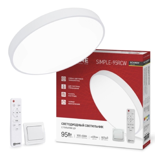 Св-к св/д SCANDY SIMPLE-95RCW 95Вт 230В 3000-6500K 7600Лм 400x50мм с пультом ДУ белый InHome
